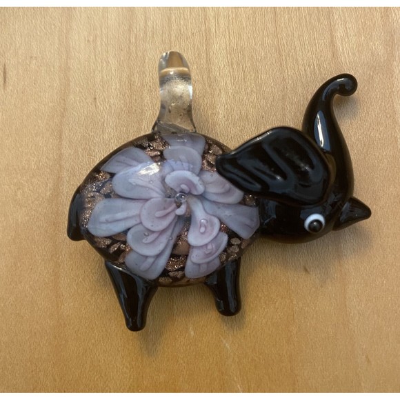 Black Elephant & Pink/Gold Flower Hand Blown Art Glass Lampwork Pendant - Picture 1 of 5